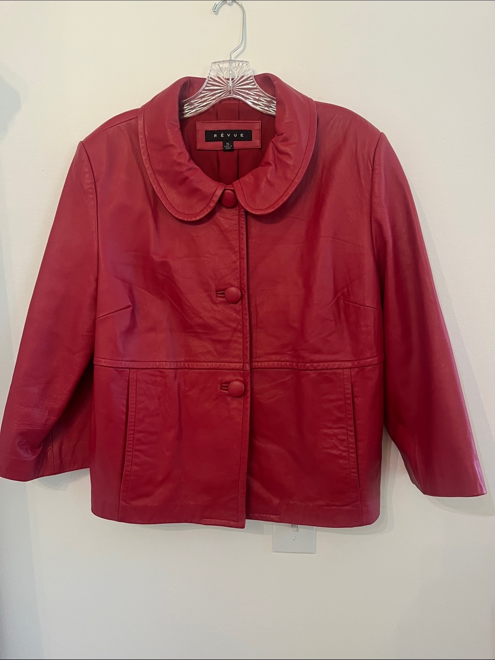 Revue Classic Red 100% Leather Button-Front Jacket XL with 3/4 Sleeve - No Scuff